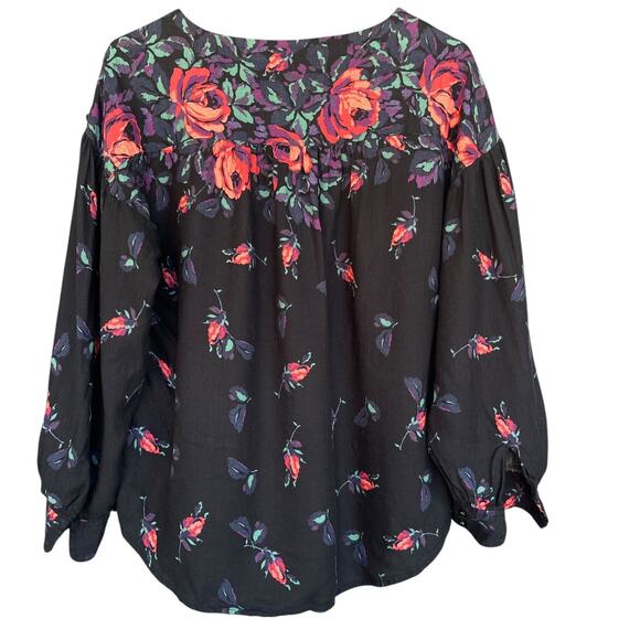 Maeve Blouse Womens Small Black Floral Linen Blend Long Sleeve Boho Top Shirt - Picture 2 of 11